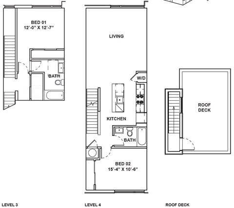 A set of three architectural drawings show the layout of a bedroom, a living room, and a roof deck.